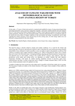 Analysis of Climatic Parameters with Meteorological Data of East Anatolia Region of Turkey