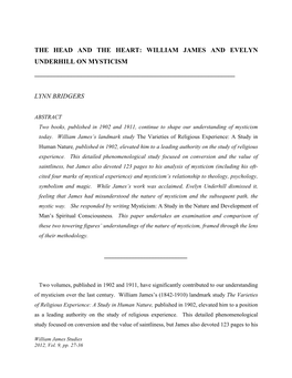 The Head and the Heart: William James and Evelyn Underhill on Mysticism ______