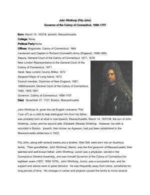John Winthrop (Fitz-John) Governor of the Colony of Connecticut, 1698-1707