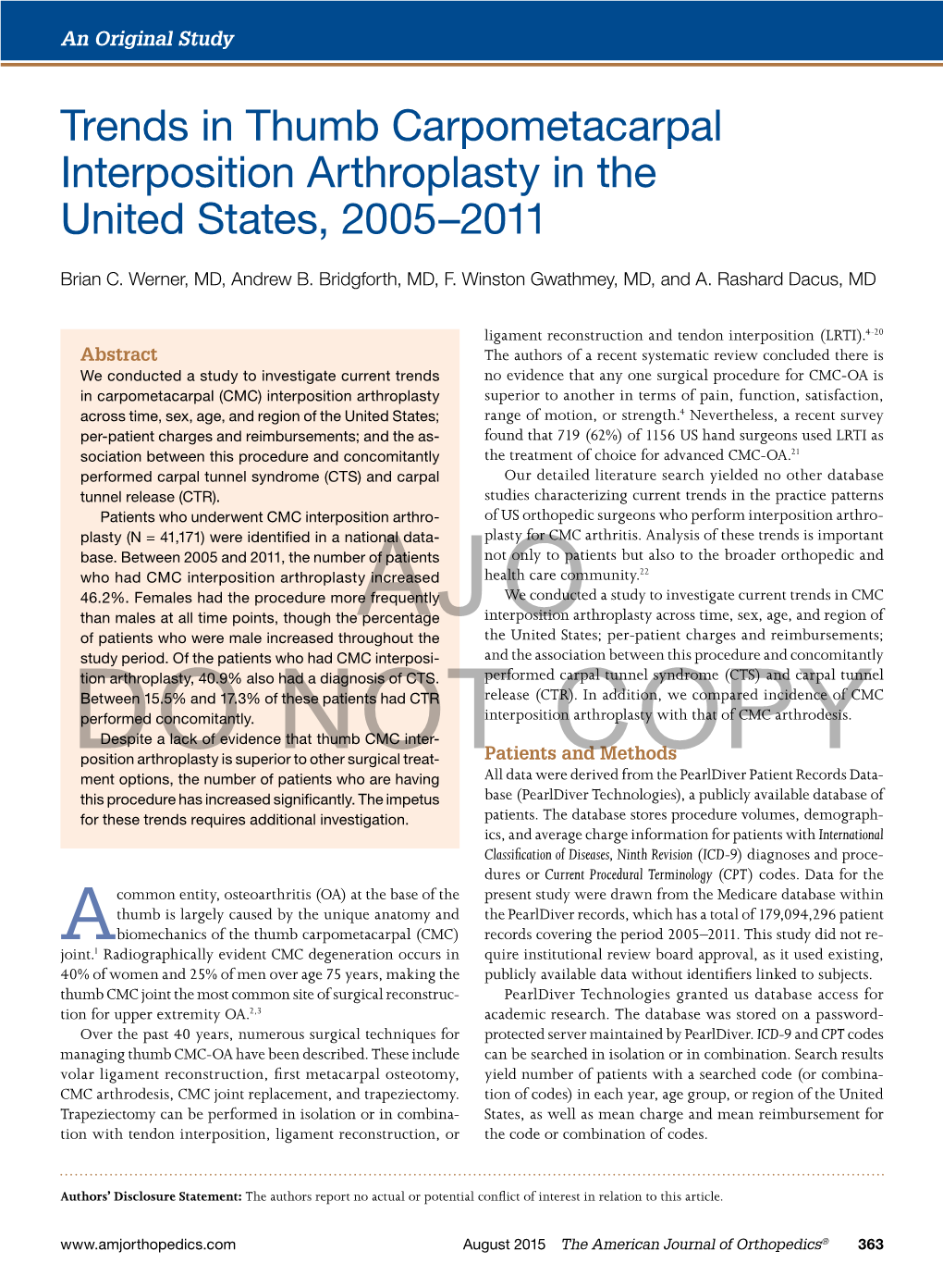 Trends in Thumb Carpometacarpal Interposition Arthroplasty in the United States, 2005–2011