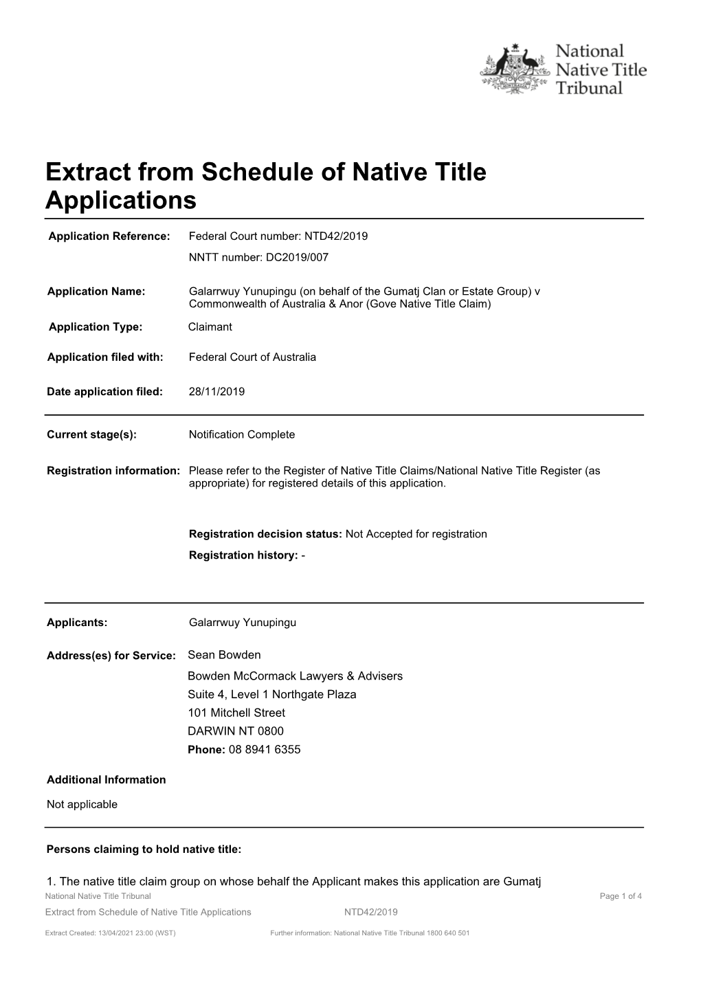 Extract from Schedule of Native Title Applications
