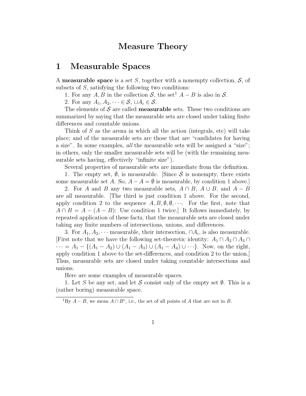 Measure Theory 1 Measurable Spaces