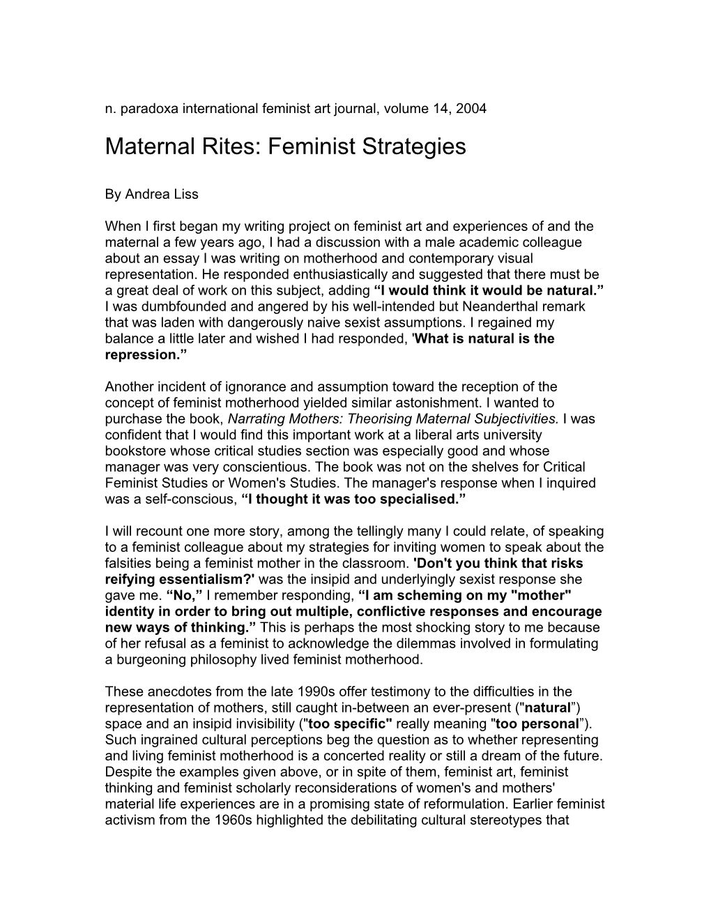 Maternal Rites: Feminist Strategies