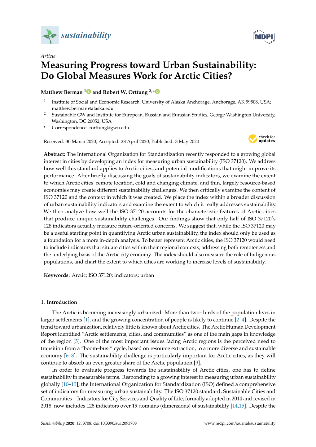 Measuring Progress Toward Urban Sustainability: Do Global Measures Work for Arctic Cities?