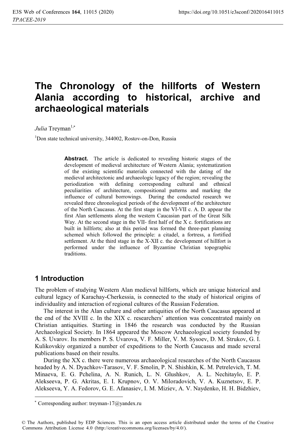 The Chronology of the Hillforts of Western Alania According to Historical, Archive and Archaeological Materials