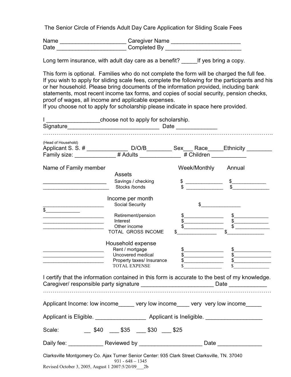 Senior Circle of Friends Adult Day Care Application for Sliding Scale Fees