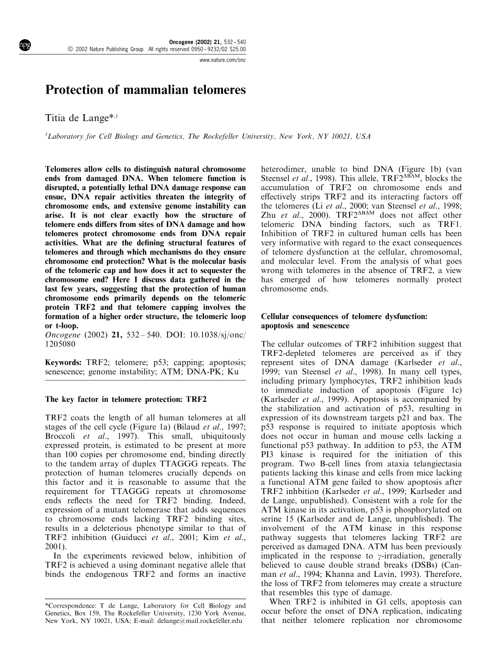 Protection of Mammalian Telomeres