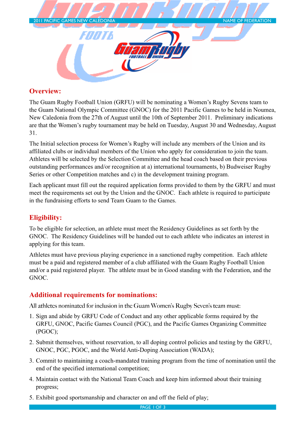 GRFU (Rugby) Selection Criteria for 2011 PG