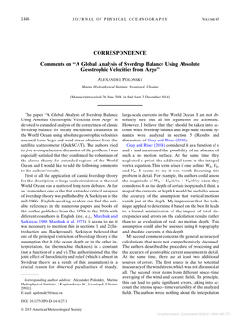 CORRESPONDENCE Comments on ''A Global Analysis of Sverdrup Balance Using Absolute Geostrophic Velocities from Argo''