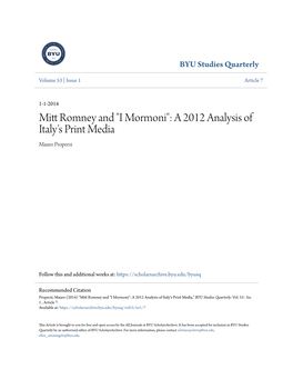 Mitt Romney and "I Mormoni": a 2012 Analysis of Italy's Print Media Mauro Properzi
