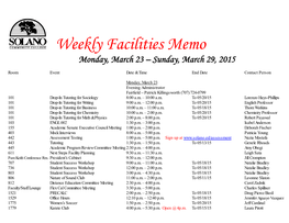 Weekly Facilities Memo Monday, March 23 – Sunday, March 29, 2015