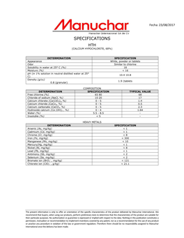 Specifications Hth (Calcium Hypochlorite, 68%)