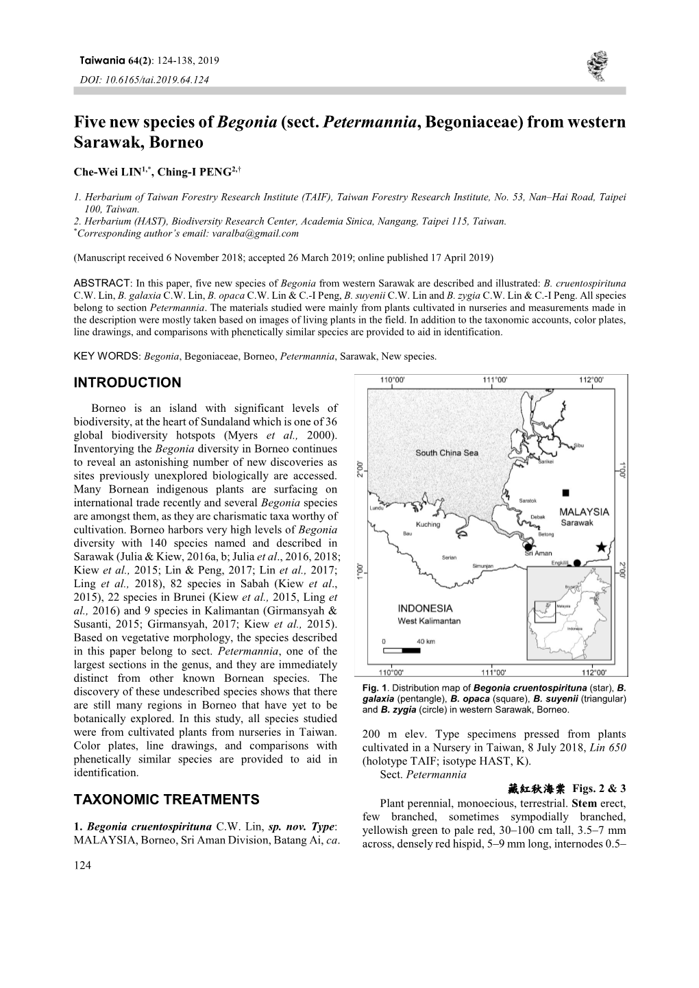 Five New Species of Begonia (Sect. Petermannia, Begoniaceae) from Western Sarawak, Borneo