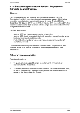 7.10 Electoral Representation Review - Proposed In- Principle Council Position