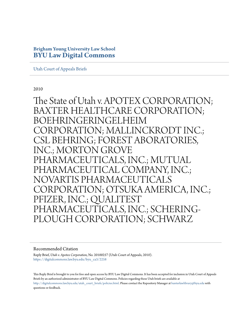 The State of Utah V. APOTEX CORPORATION