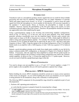 LABORATORY #1: Microphone Preamplifier