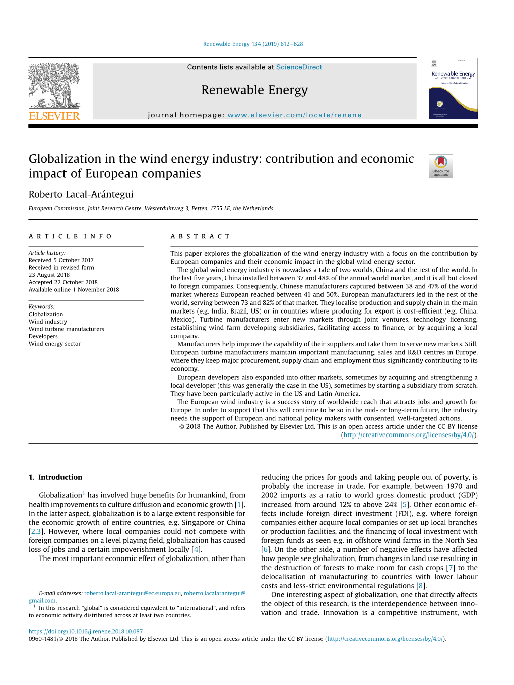 Globalization in the Wind Energy Industry: Contribution and Economic Impact of European Companies