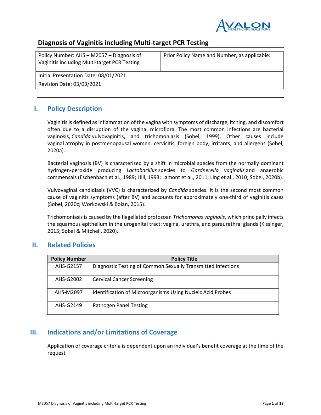 Diagnosis of Vaginitis Including Multi-Target PCR Testing I. Policy