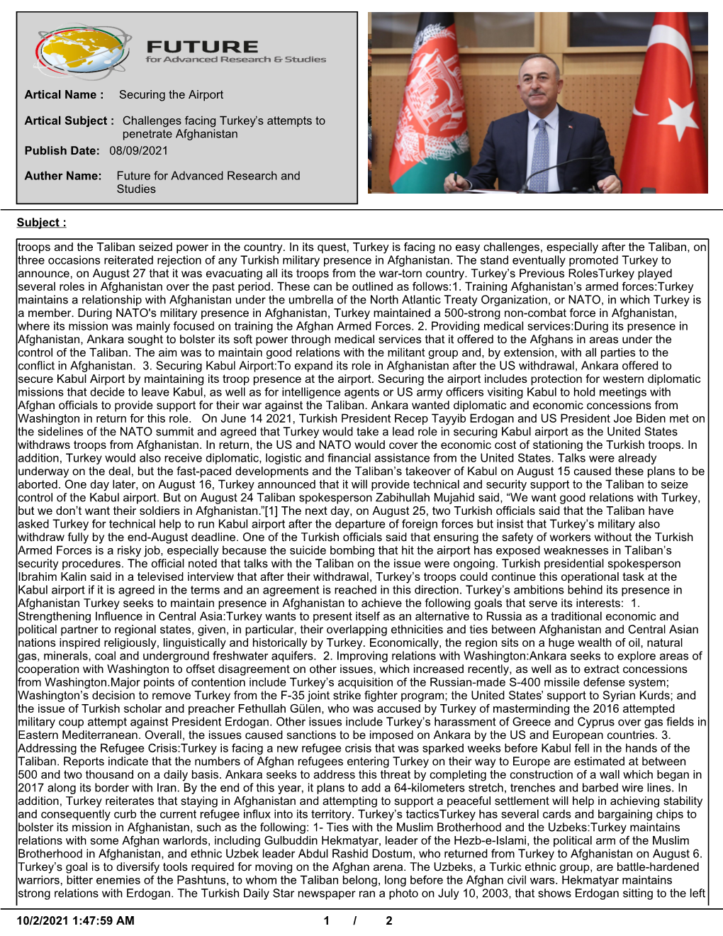 Challenges Facing Turkey's Attempts to Penetrate Afghanistan Artical Subject