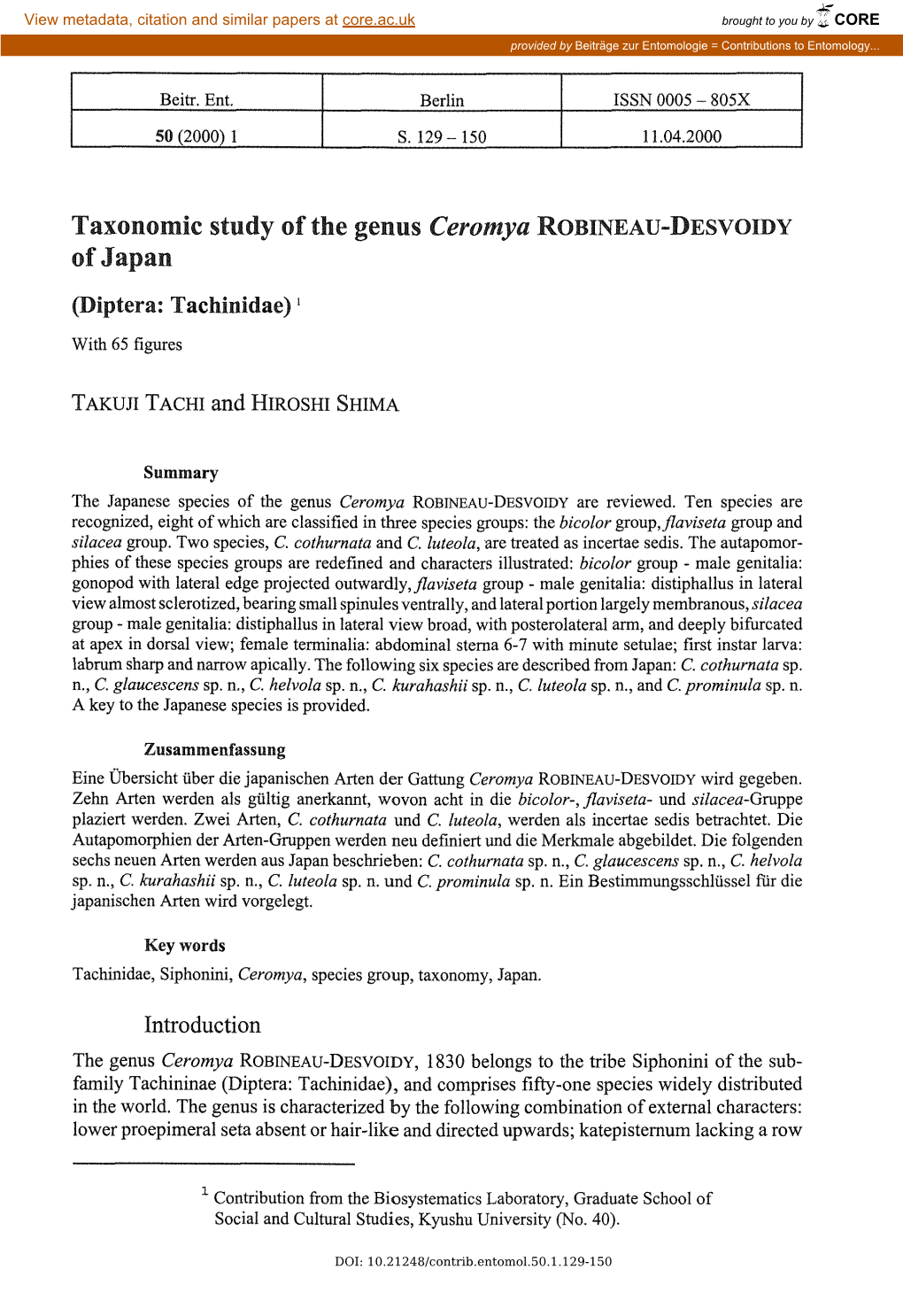 Taxonomic Study of the Genus Ceromya Robineau-Desvoidy Ofjapan