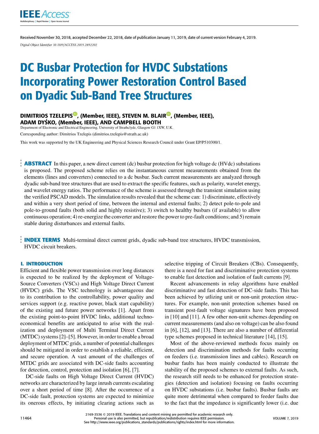 DC Busbar Protection for HVDC Substations Incorporating Power Restoration Control Based on Dyadic Sub-Band Tree Structures