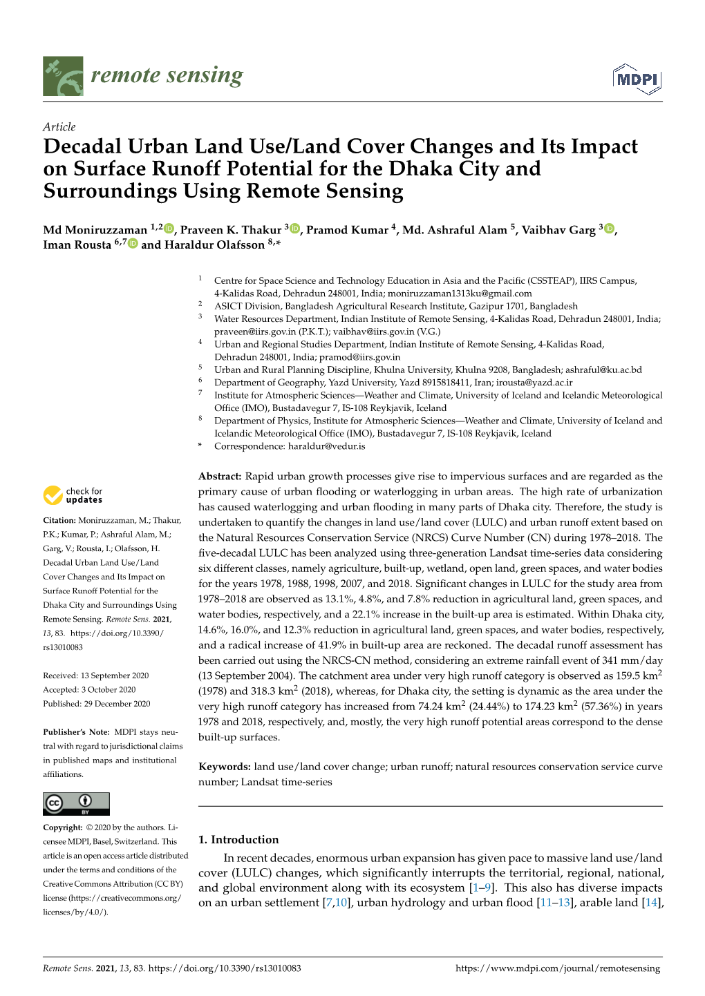 Decadal Urban Land Use/Land Cover Changes and Its Impact on Surface Runoff Potential for the Dhaka City and Surroundings Using Remote Sensing