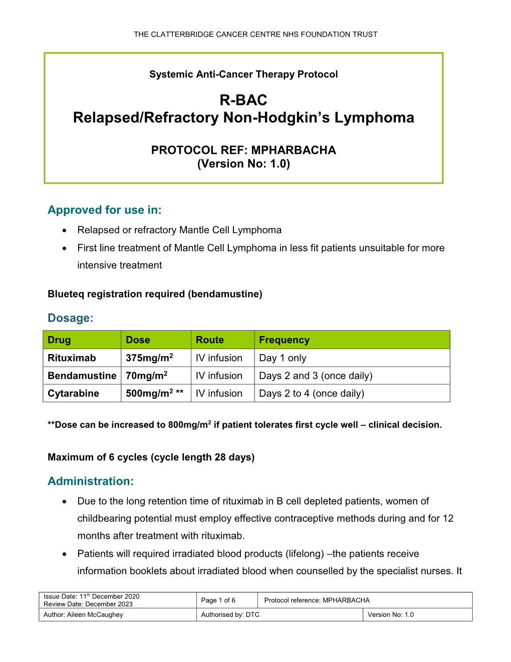 R-BAC Relapsed/Refractory Non-Hodgkin's Lymphoma