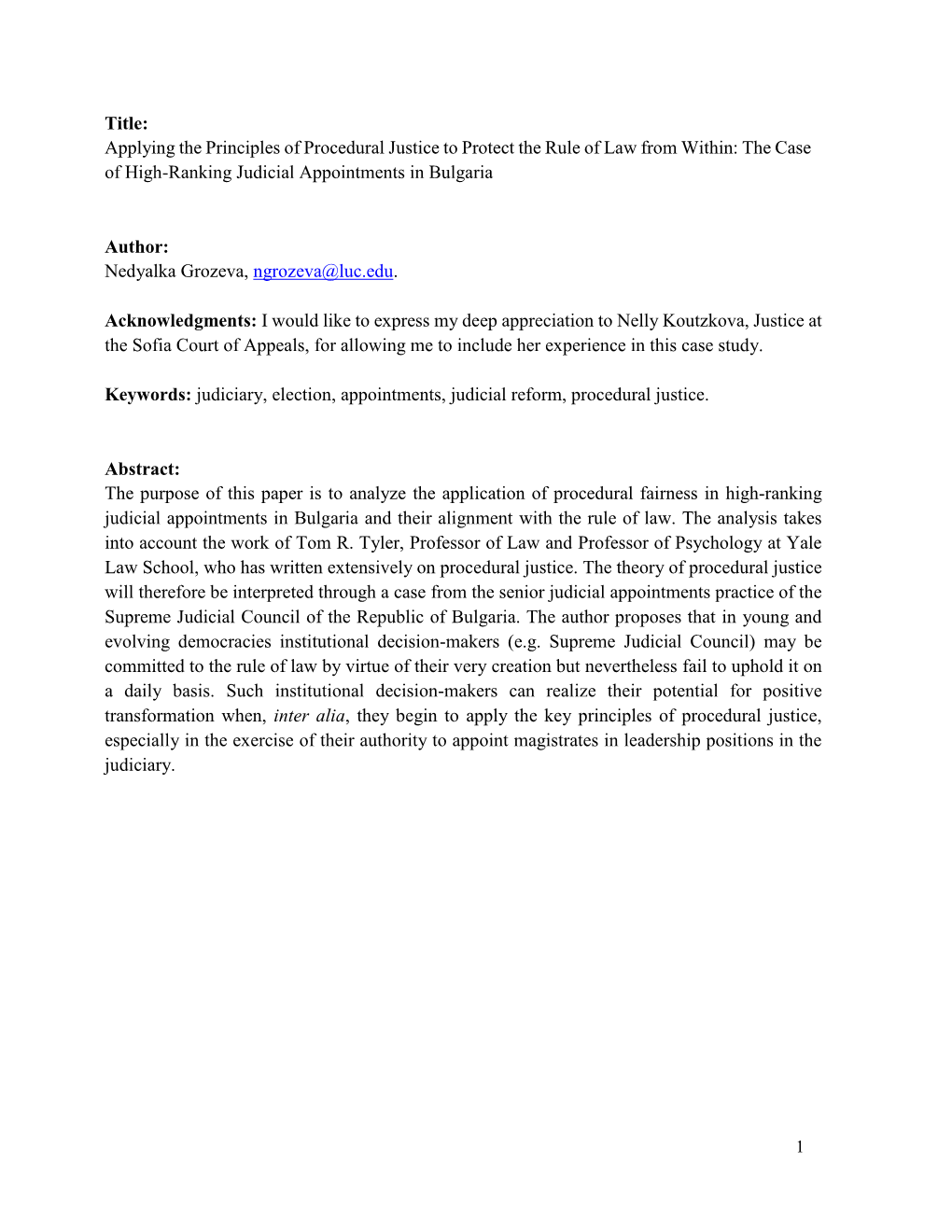 Applying the Principles of Procedural Justice to Protect the Rule of Law from Within: the Case of High-Ranking Judicial Appointments in Bulgaria