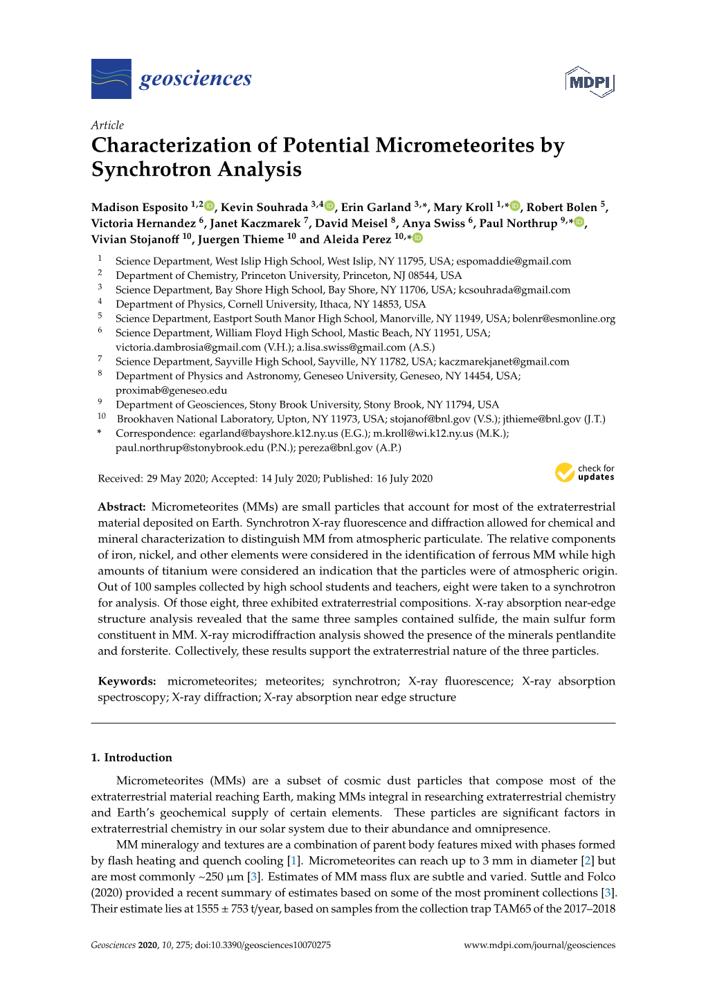 Characterization of Potential Micrometeorites by Synchrotron Analysis