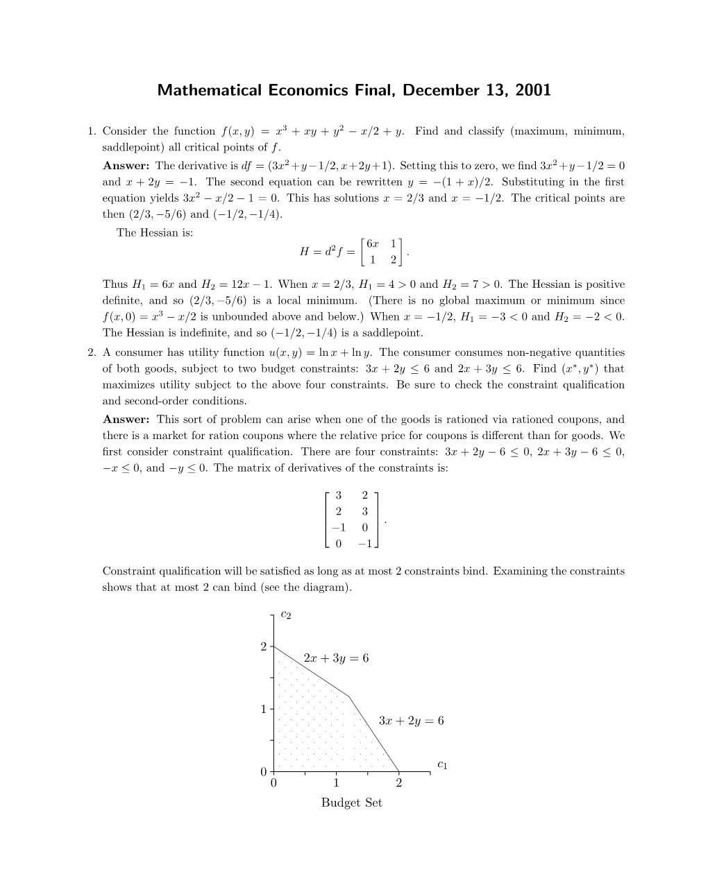 Mathematical Economics Final, December 13, 2001