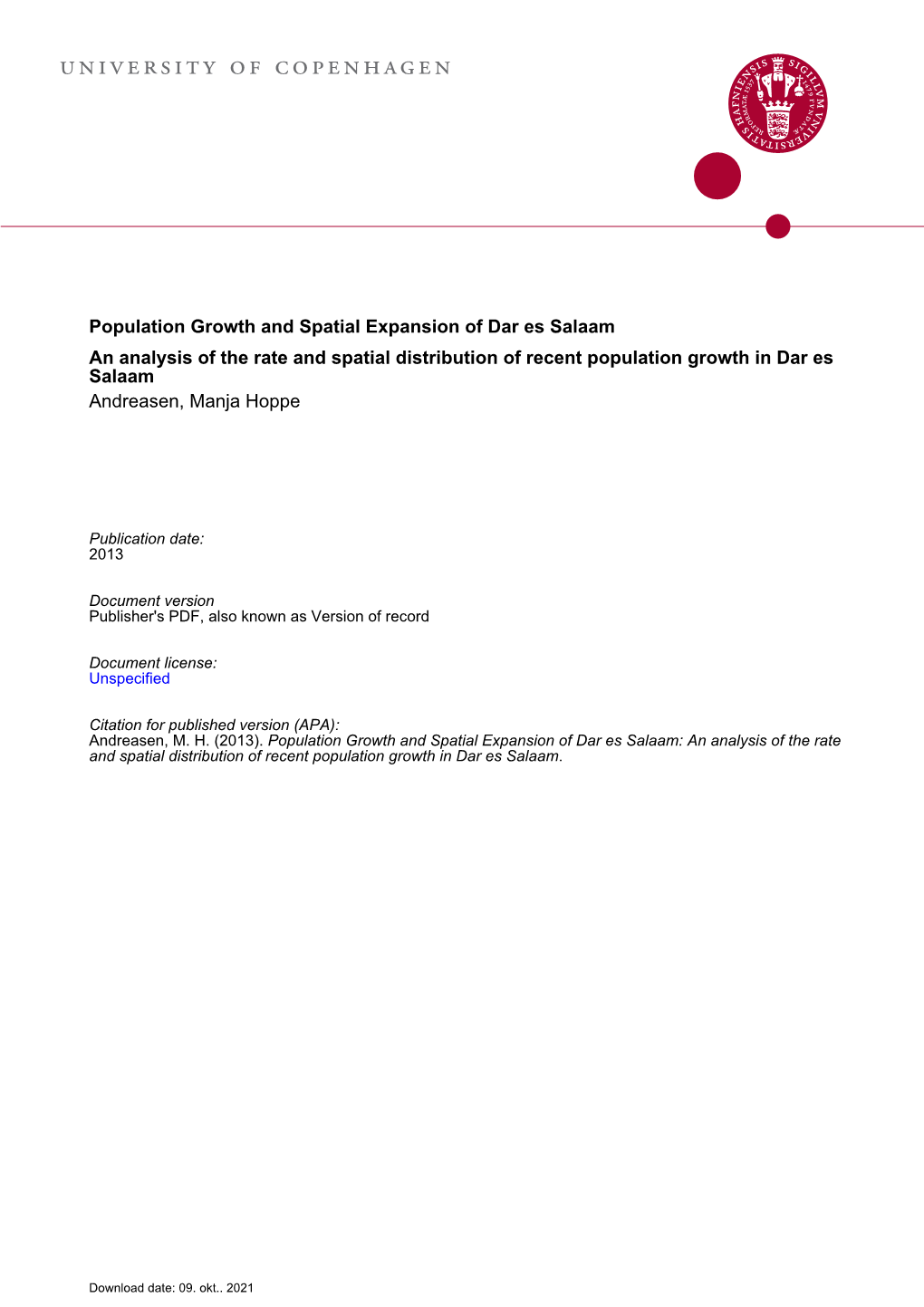 Population Growth and Spatial Expansion of Dar Es Salaam