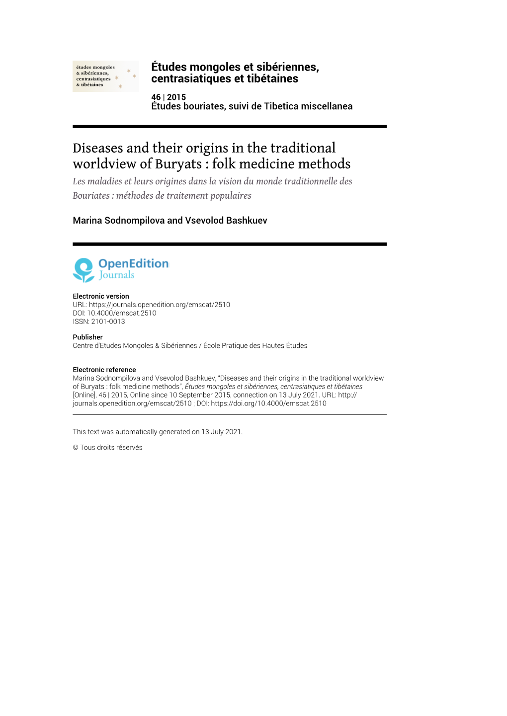 Études Mongoles Et Sibériennes, Centrasiatiques Et Tibétaines, 46 | 2015 Diseases and Their Origins in the Traditional Worldview of Buryats : Folk Med