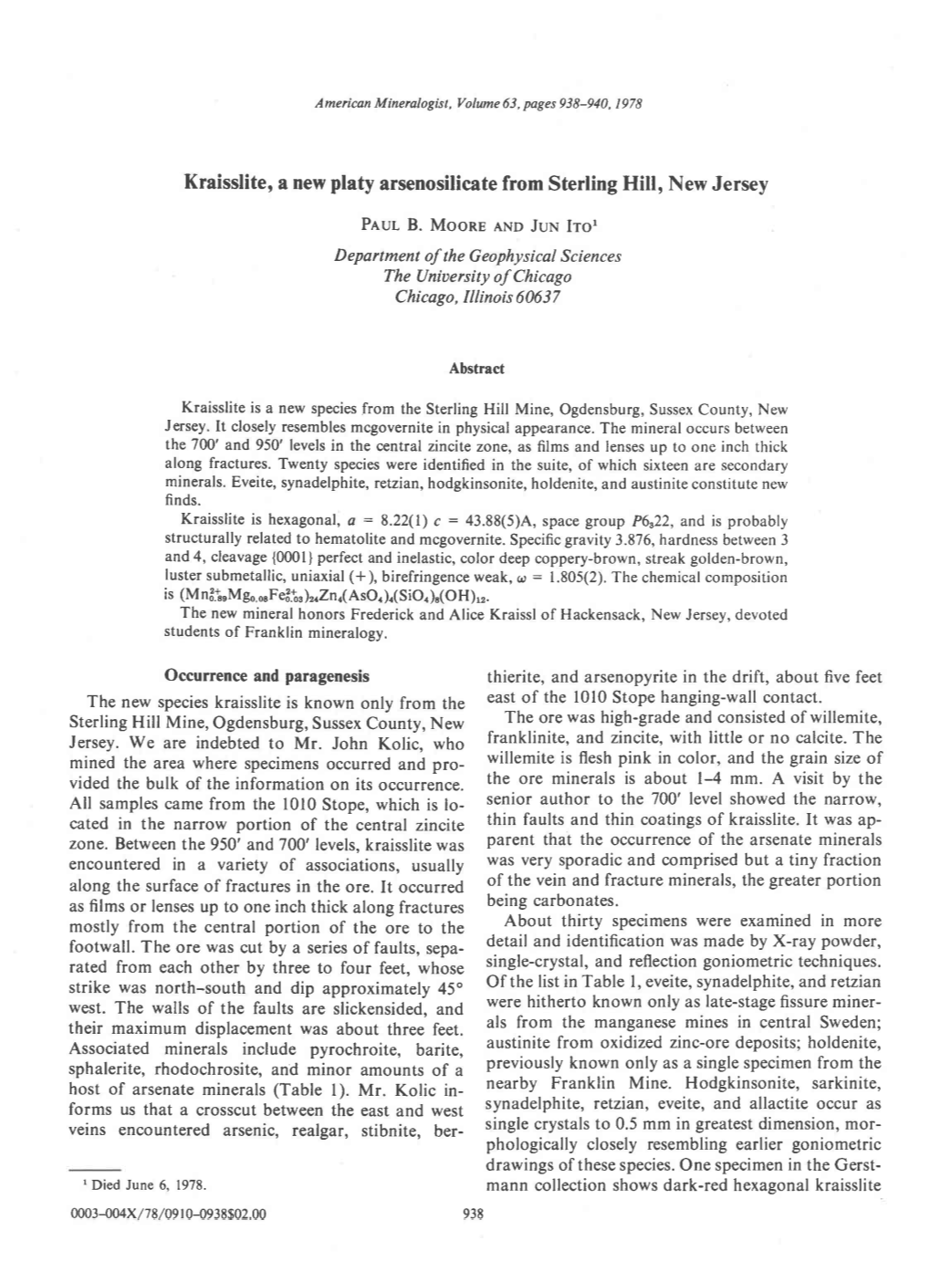 Kraisslite, a New Platy Arsenosilicate from Sterling Hill, New Jersey