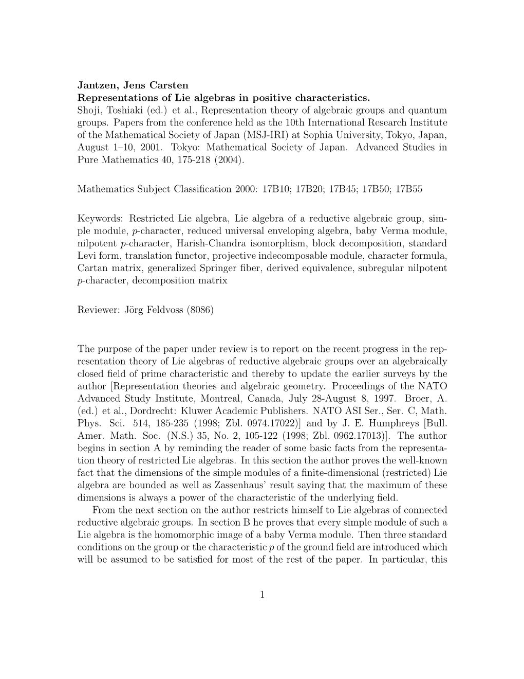 Jantzen, Jens Carsten Representations of Lie Algebras in Positive Characteristics