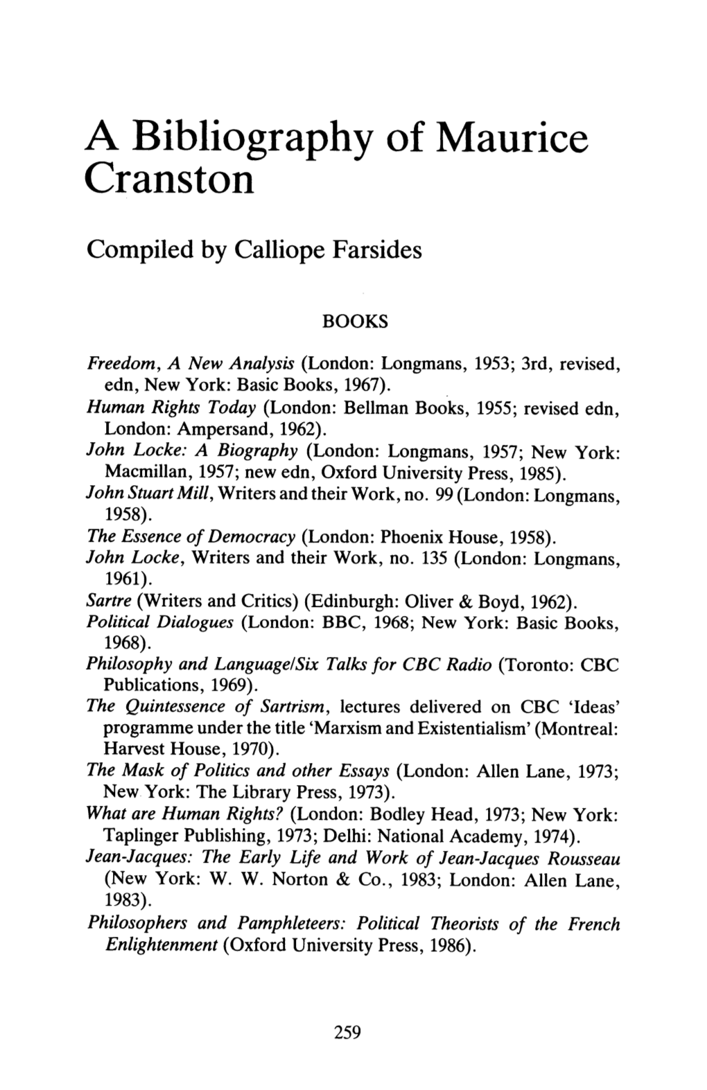 A Bibliography of Maurice Cranston