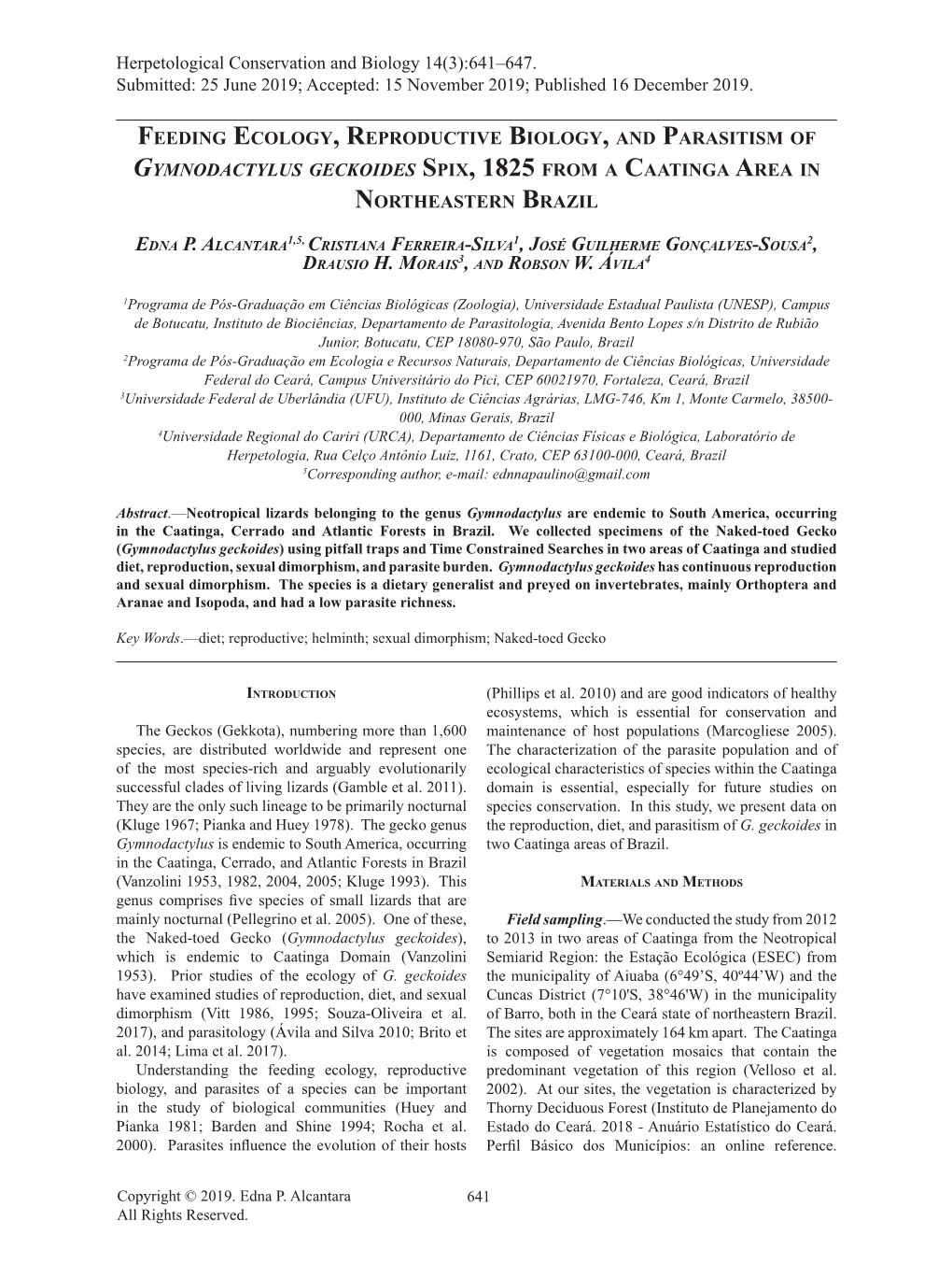 Feeding Ecology, Reproductive Biology, and Parasitism of Gymnodactylus Geckoides Spix, 1825 from a Caatinga Area in Northeastern Brazil