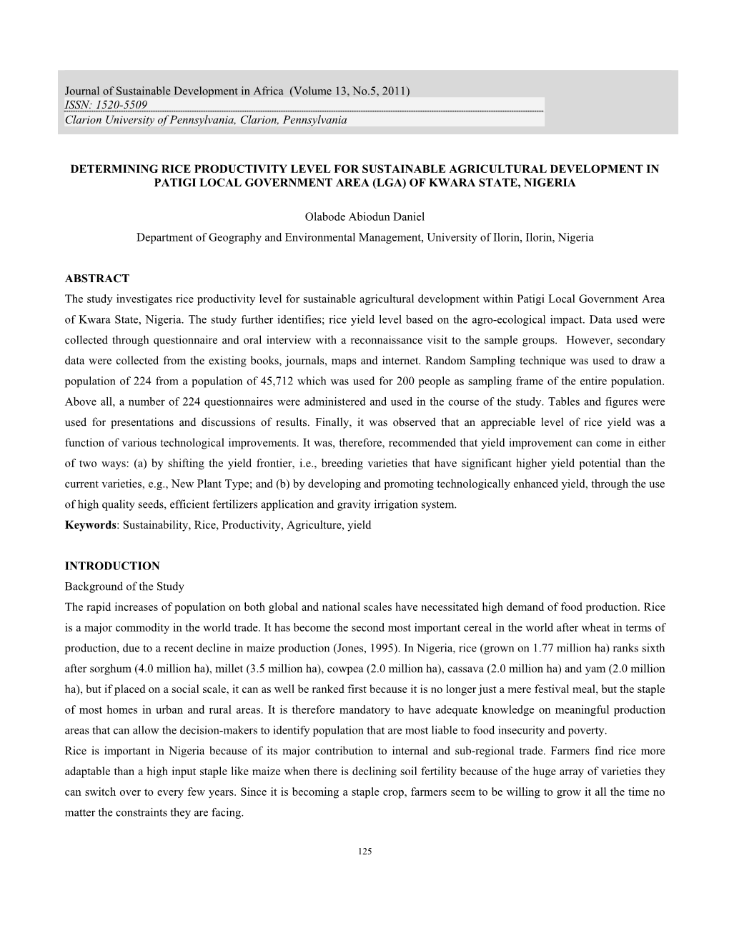 Determining Rice Productivity Level for Sustainable Agricultural Development in Patigi Local Government Area (Lga) of Kwara State, Nigeria