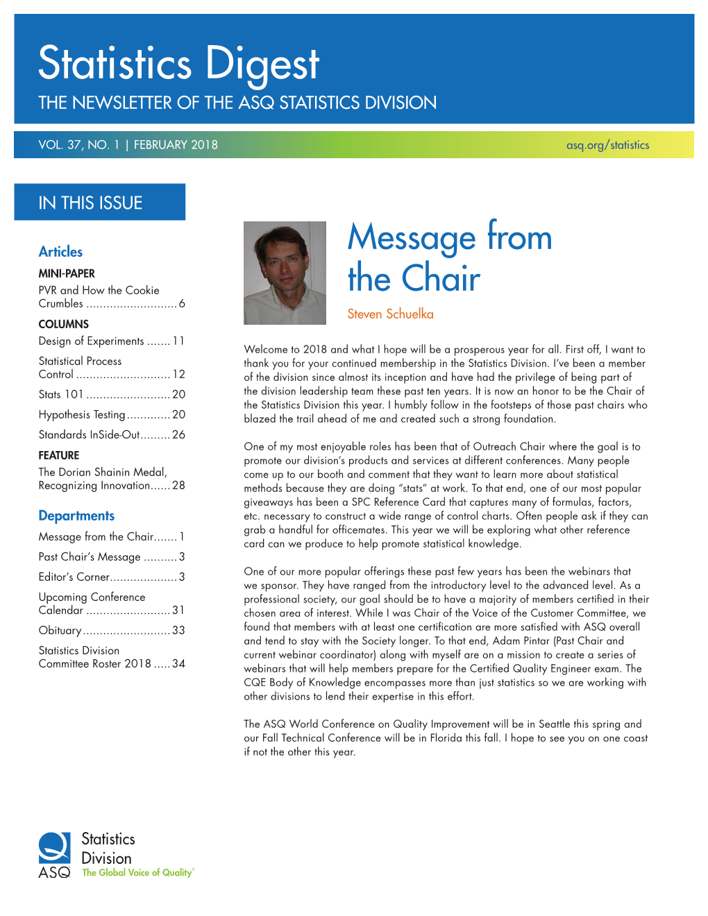 Statistics Digest the NEWSLETTER of the ASQ STATISTICS DIVISION