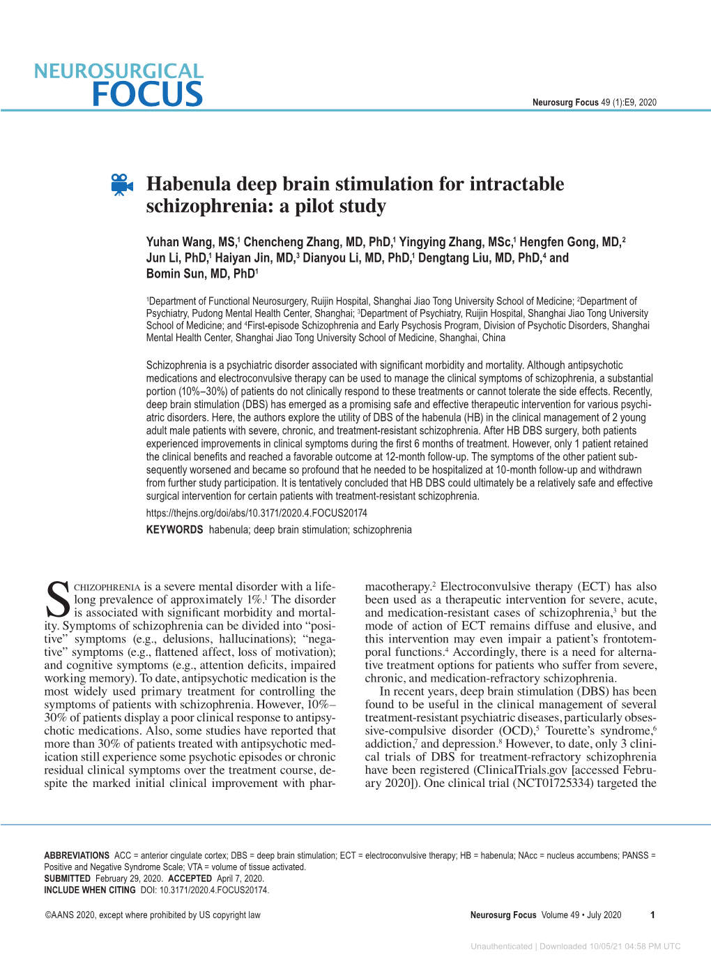 Habenula Deep Brain Stimulation for Intractable Schizophrenia: a Pilot Study