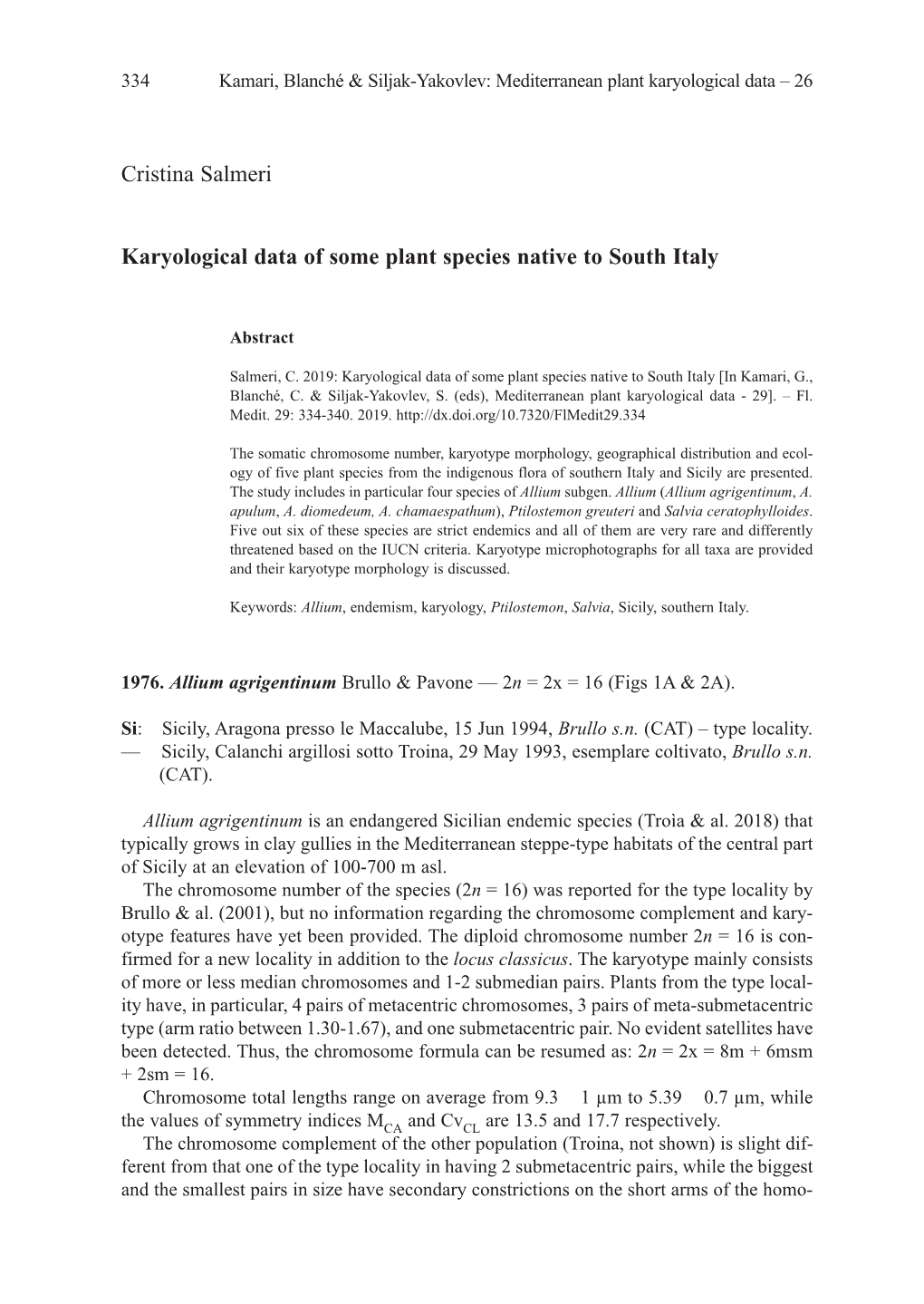 Cristina Salmeri Karyological Data of Some Plant Species Native to South