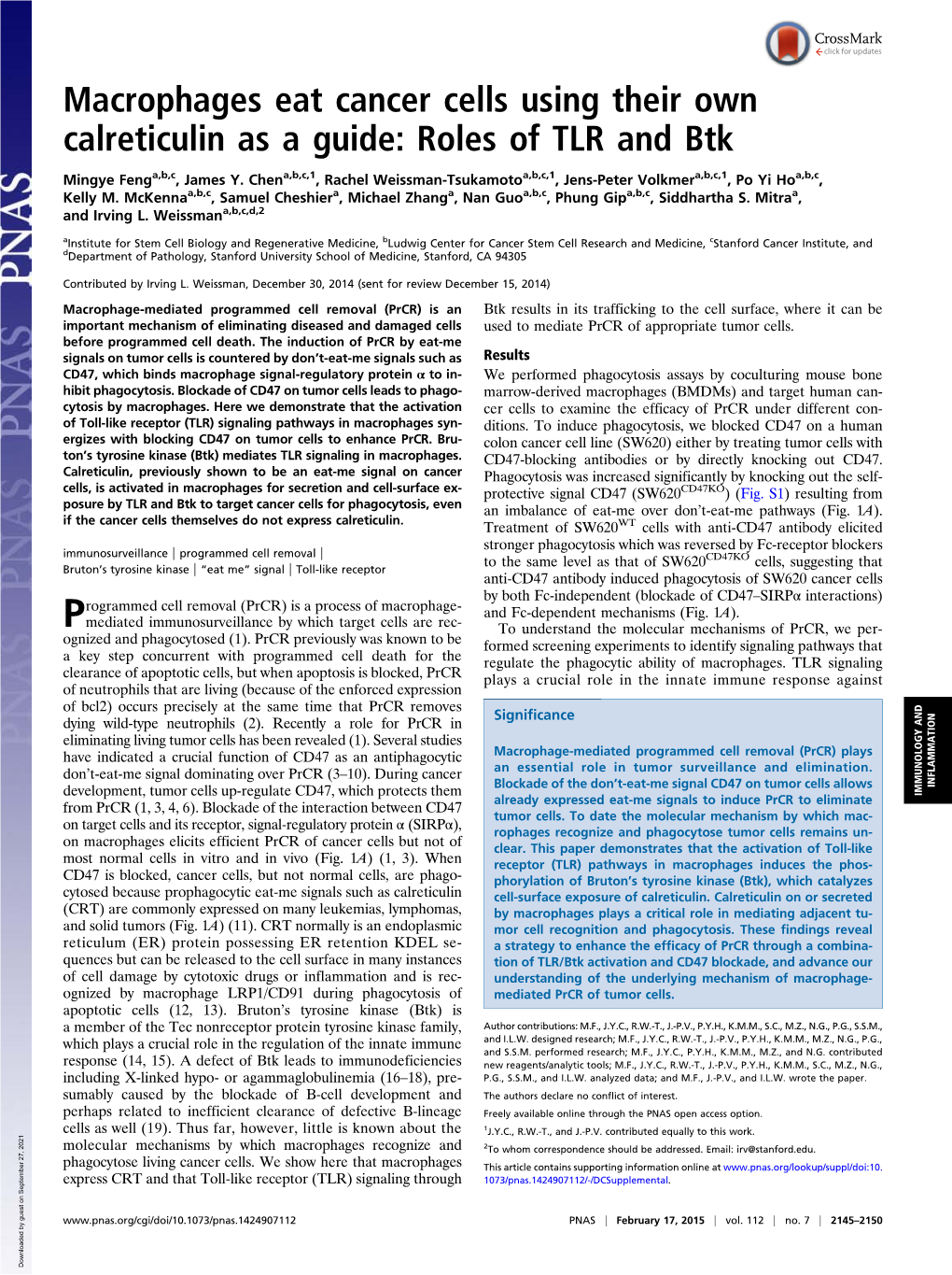 Macrophages Eat Cancer Cells Using Their Own Calreticulin As a Guide: Roles of TLR and Btk