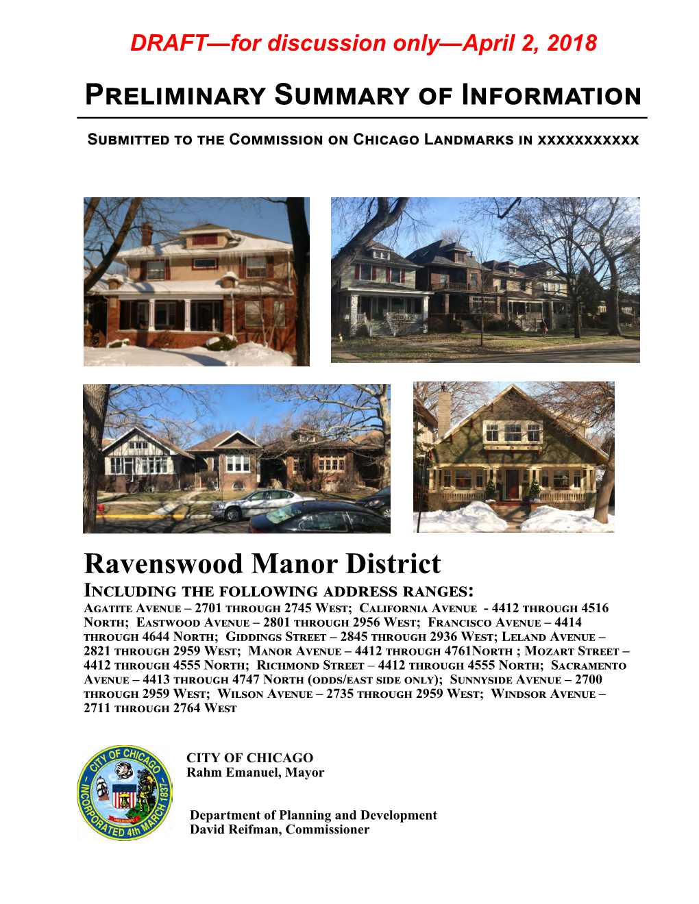 Preliminary Summary of Information Ravenswood Manor District