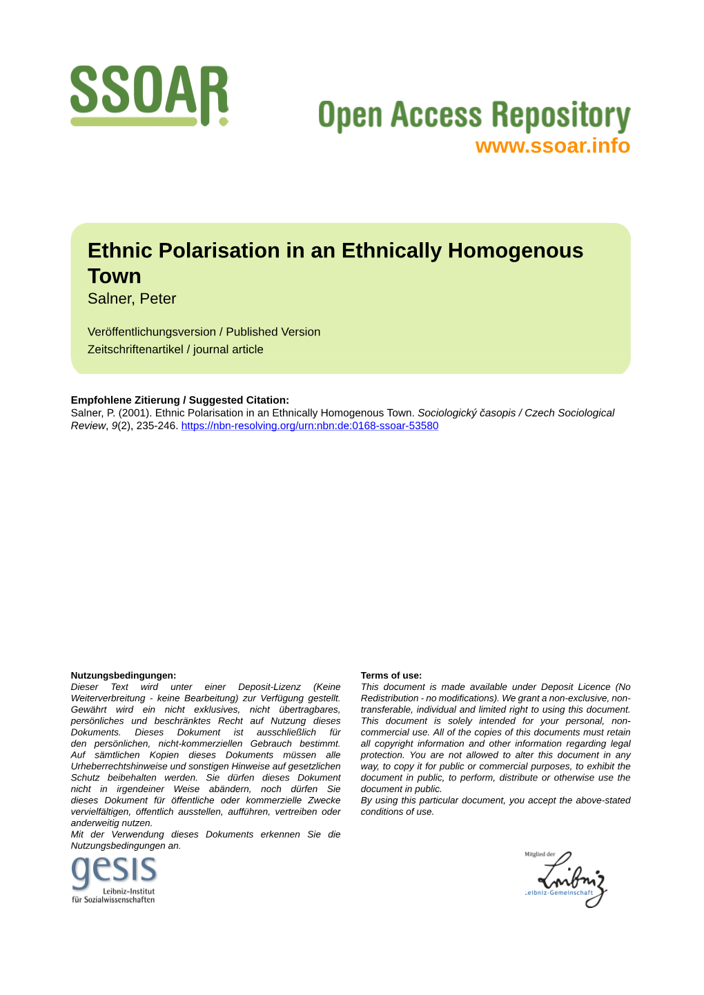 Ethnic Polarisation in an Ethnically Homogenous Town Salner, Peter