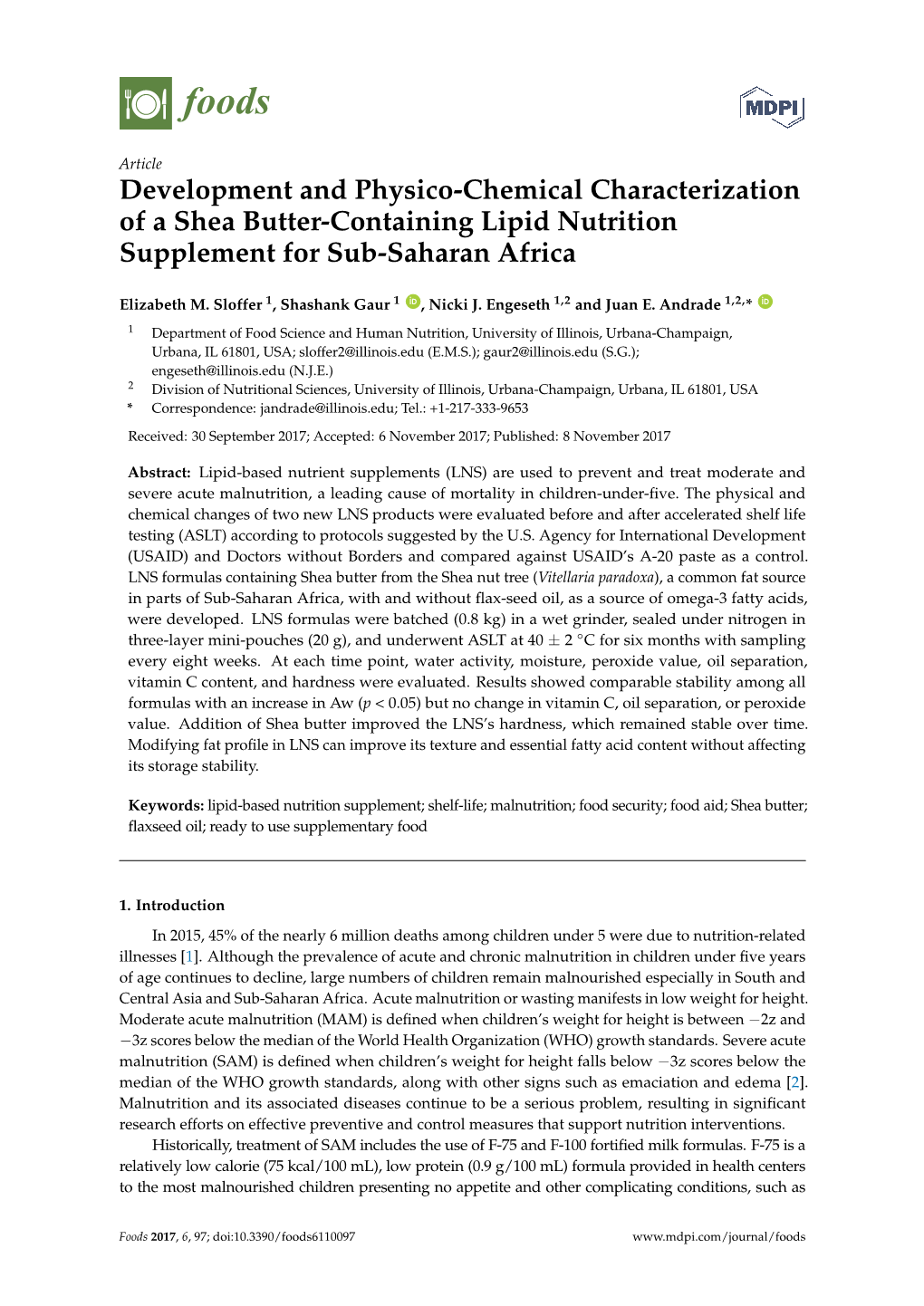 Development and Physico-Chemical Characterization of a Shea Butter-Containing Lipid Nutrition Supplement for Sub-Saharan Africa