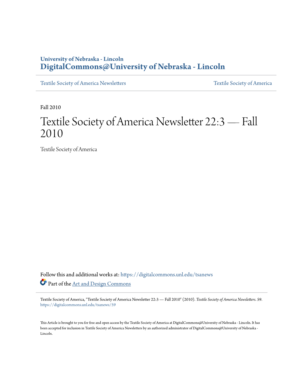 Textile Society of America Newsletter 22:3 — Fall 2010 Textile Society of America