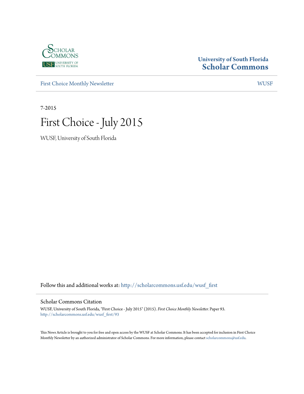 First Choice Monthly Newsletter WUSF