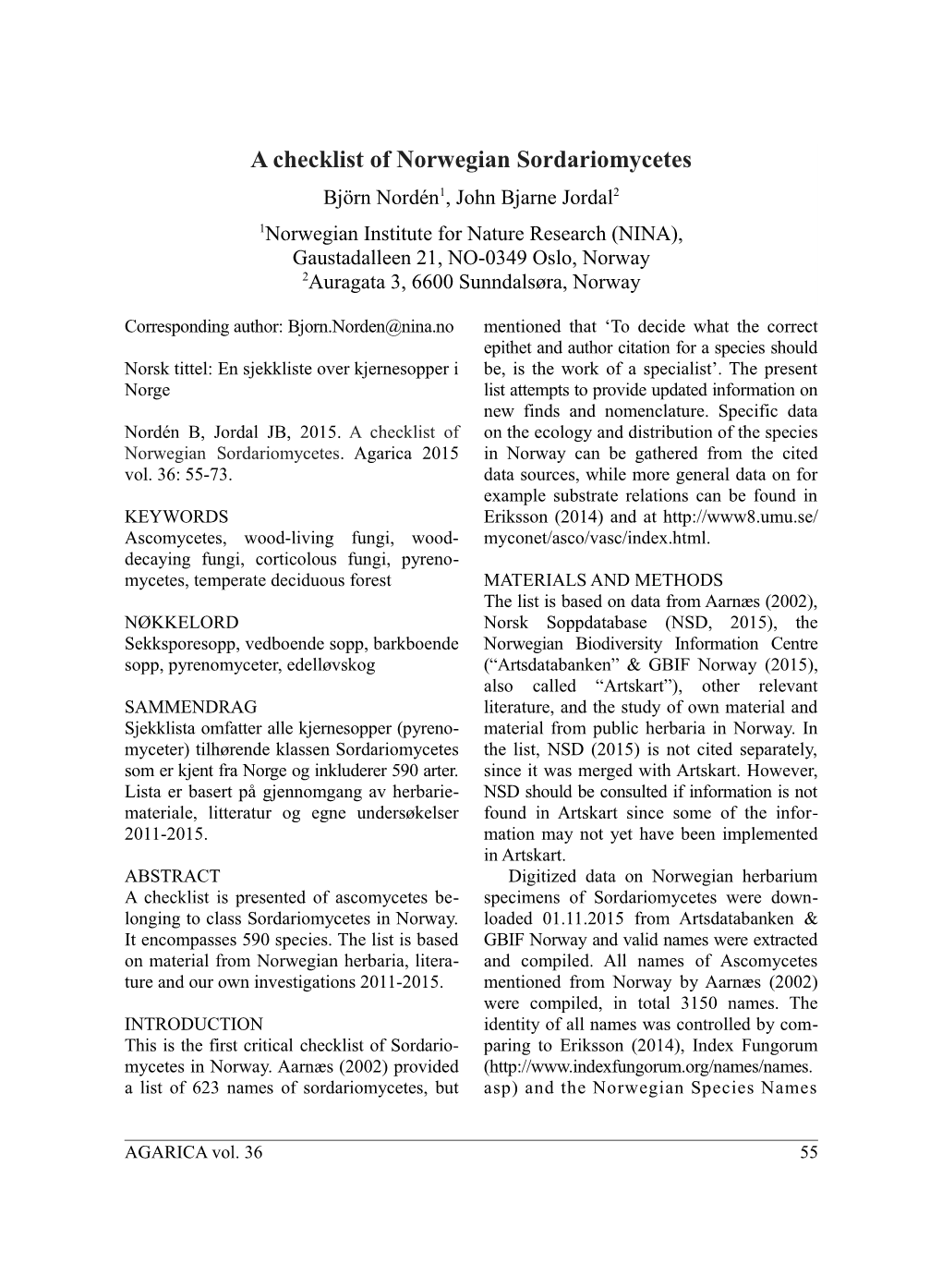 A Checklist of Norwegian Sordariomycetes