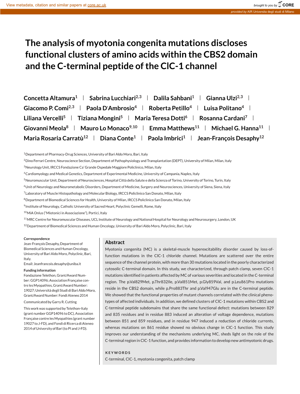 The Analysis of Myotonia Congenita Mutations Discloses Functional Clusters of Amino Acids Within the CBS2 Domain and the C-Terminal Peptide of the Clc-1 Channel