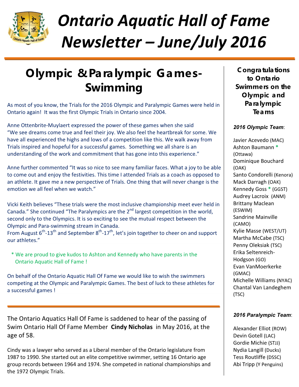 Ontario Aquatic Hall of Fame Newsletter – June/July 2016