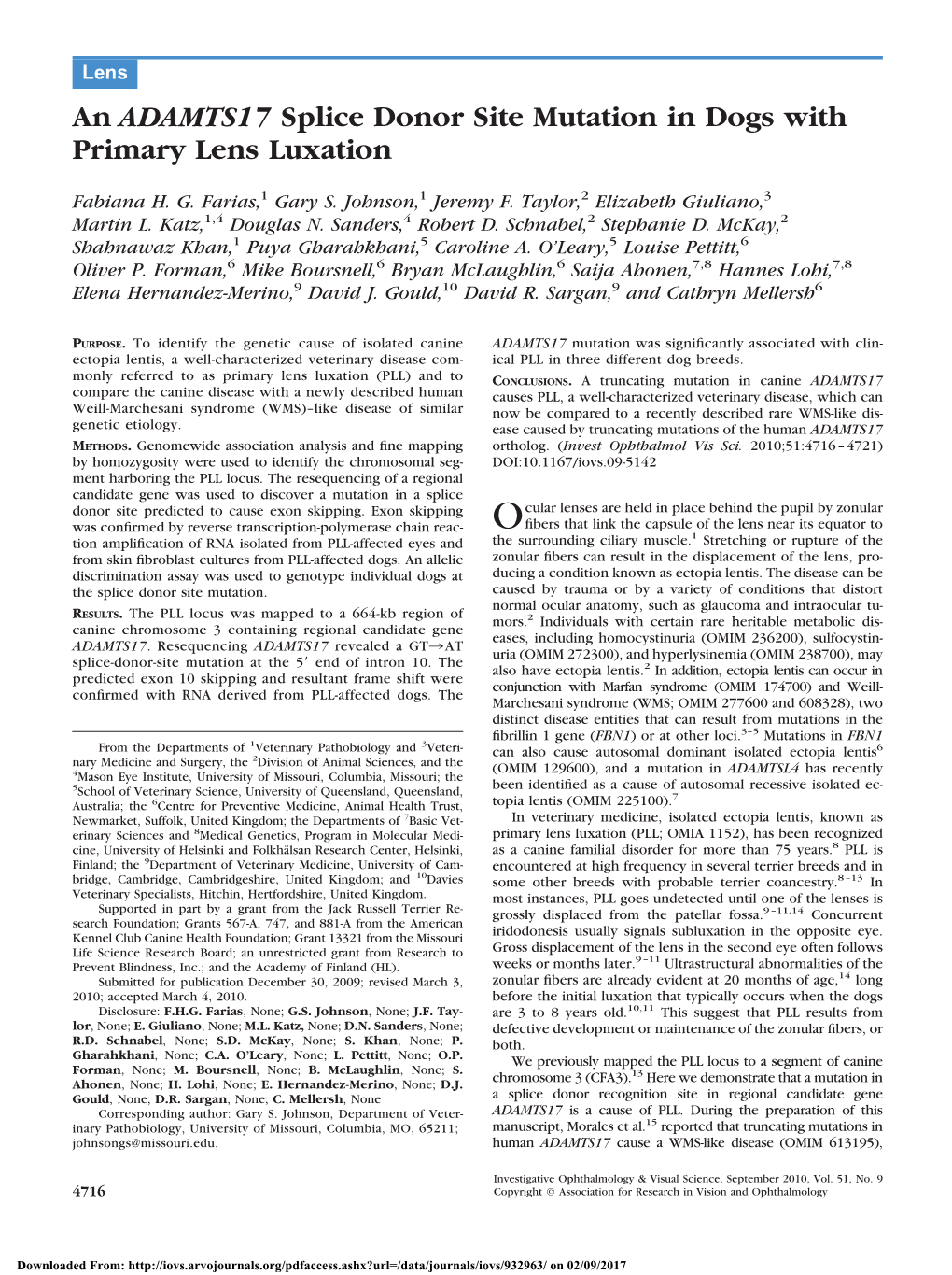 An ADAMTS17 Splice Donor Site Mutation in Dogs with Primary Lens Luxation